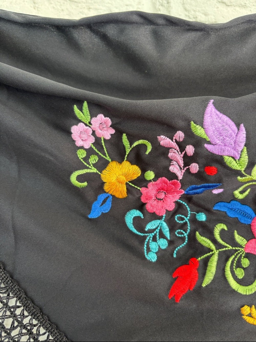 Black Floral Embroidered Fringe Edge Triangular Spanish Style Scarf - Picture 4 of 8